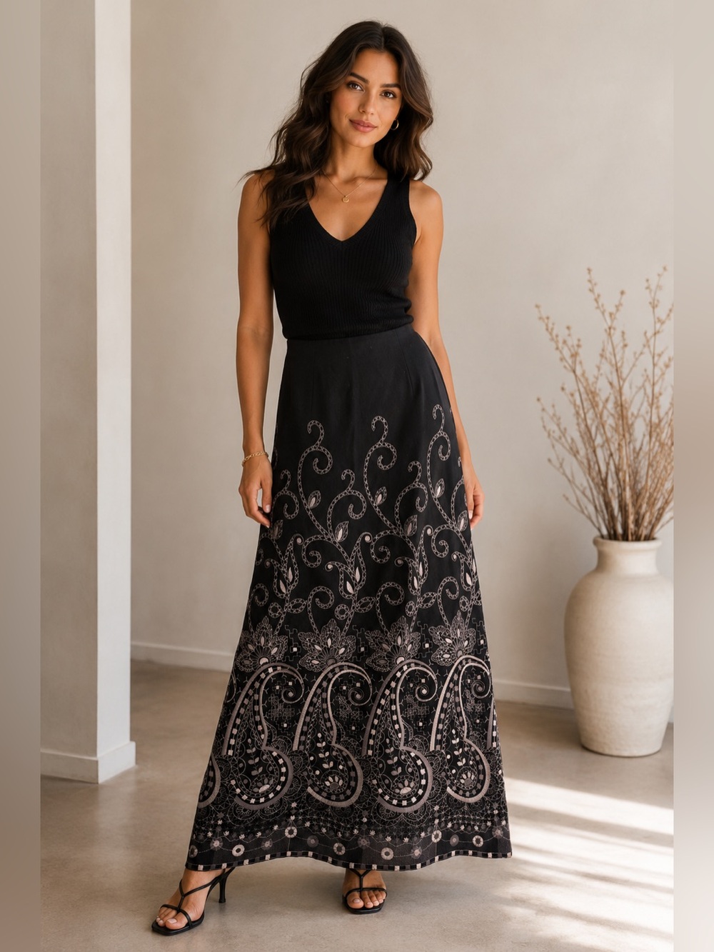 Talbots Vintage Wool Blend Black Maxi Skirt Intricate Paisley Embroidery